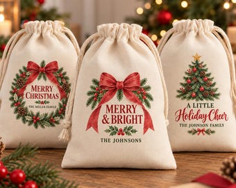 Bolsas de regalo navideñas personalizadas, bolsas de algodón con cordón y nombre familiar personalizado, recuerdos para fiestas navideñas, bolsas de regalo navideñas reutilizables.