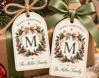 Personalized Christmas Gift Tags, Monogram Holiday Tags, Family Name Gift Tags, Christmas Wreath Tags, Custom Present Tags, Gift Wrap Tags