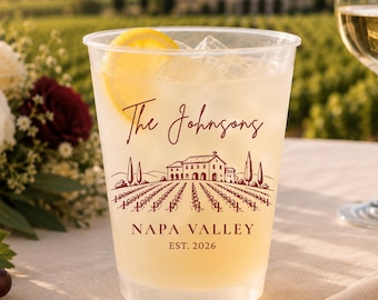 Personalized Vineyard Wedding Cups, Custom Family Name Frosted Cups, Winery Wedding Favors, Family Reunion Cups, Rehearsal Dinner Drinkware