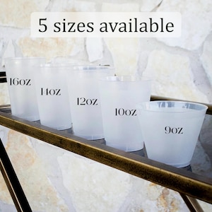 May include: Five translucent plastic cups arranged in a row, labeled with sizes 16oz, 14oz, 12oz, 10oz, and 9oz. The text 5 sizes available is displayed above the cups. Each cup is clear and cylindrical, showing the capacity printed in black text.