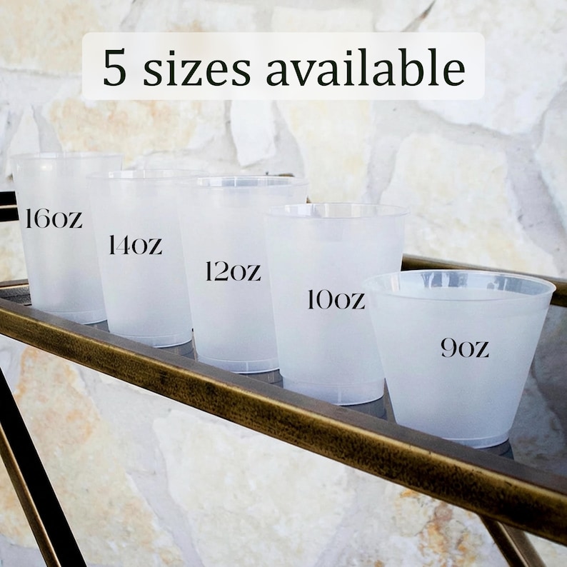 May include: Five translucent plastic cups arranged in a row, labeled with sizes 16oz, 14oz, 12oz, 10oz, and 9oz. The text 5 sizes available is displayed above the cups. Each cup is clear and cylindrical, showing the capacity printed in black text.