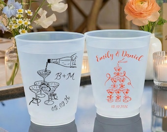 Personalized Frosted Plastic Cups, Custom Wedding Cups, Champagne Tower Drinkware, Bridal Shower, Engagement Party, Beach Wedding Favor