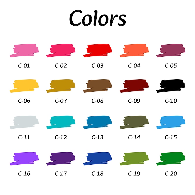 May include: A color chart titled Colors featuring twenty horizontal brushstroke swatches labeled C-01 through C-20. The palette includes various shades of pink, red, maroon, yellow, gold, brown, black, gray, teal, blue, olive, purple, and green.