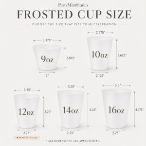 May include: A size guide for frosted cups by PartyMintStudio showing five white cups labeled 9oz, 10oz, 12oz, 14oz, and 16oz. Each cup includes specific imperial measurements in inches for height, top diameter, and base diameter. Text reads: FROSTED CUP SIZE.