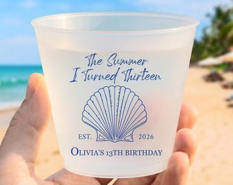 Custom Beach Birthday Frosted Cups, Personalized Seashell Party Cups, Summer Birthday Favors, Pool Party Drinkware, Disposable Cups