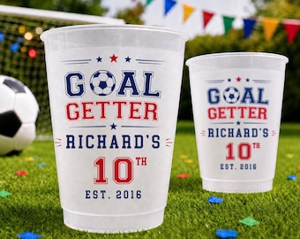 Custom Soccer Birthday Frosted Cups, Personalized Goal Getter Party Cups, World Cup Team Favors, Kids Sports Game Day Drinkware