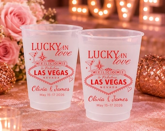 Custom Lucky in Love Las Vegas Frosted Cups, Personalized Vegas Wedding Party Cups, Casino Bridal Shower Drinkware Favors Reception Decor
