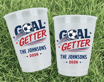 Custom World Cup Frosted Cups, Personalized Soccer Party Cups, Goal Getter Team Birthday Favors, Family Game Day Drinkware for Fans
