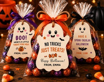 Personalized Halloween Favor Tags, Ghost Treat Bag Tags, Custom Trick or Treat Tags, Kids Halloween Party Favors, Candy Bag Gift Tags