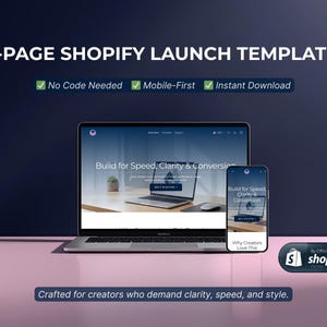 May include: A laptop and smartphone showcasing a website template, with the text "1-PAGE SHOPIFY LAUNCH TEMPLATE." The laptop screen displays "Build for Speed, Clarity & Conversion." The image also features the Shopify logo and the text "Crafted for creators who demand clarity, speed, and style."