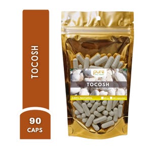 May include: A gold foil pouch filled with gray capsules, labeled "TOCOSH" and "90 CAPS." The pouch has a clear window with the text "pure food foods" and "100% NATURAL." The capsules are 85g and there are 90 capsules.