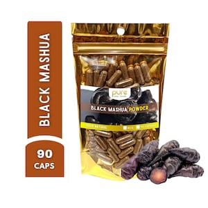 May include: A gold foil pouch of Black Mashua Powder capsules with a brown label that reads "Black Mashua" and "90 Caps". The pouch contains brown capsules and black Mashua roots. The text "Pure Viva Foods" is also visible.
