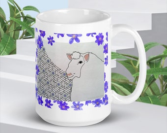 Sheep Drawing with Purple Flowers White glossy mug