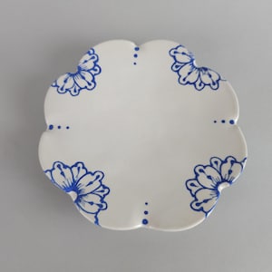 Scallop Edged White Plate with Feet, Blue Flowers, Cheese Tray, Pillar Candle Holder