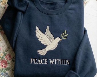Frieden innerhalb der Taube gesticktes Marine-Sweatshirt Minimalistischer inspirierender Rundhalsausschnitt