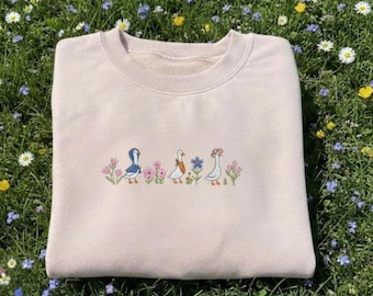 Goose Embroidered Sweatshirt, Cottagecore Floral Crewneck