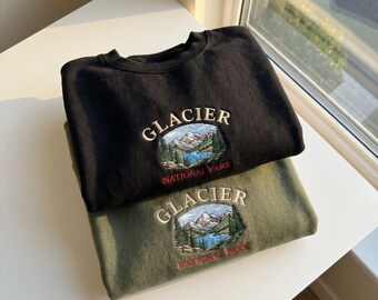 Embroidered Glacier National Park Sweatshirt – Vintage Mountain Lake Graphic Tee
