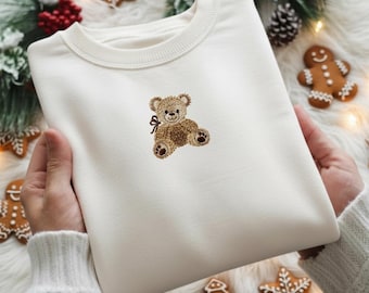 Felpa con orsetto ricamato, girocollo morbido per bambina