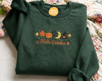 Hello October Embroidered Sweatshirt | Cute Fall Pumpkin Crewneck
