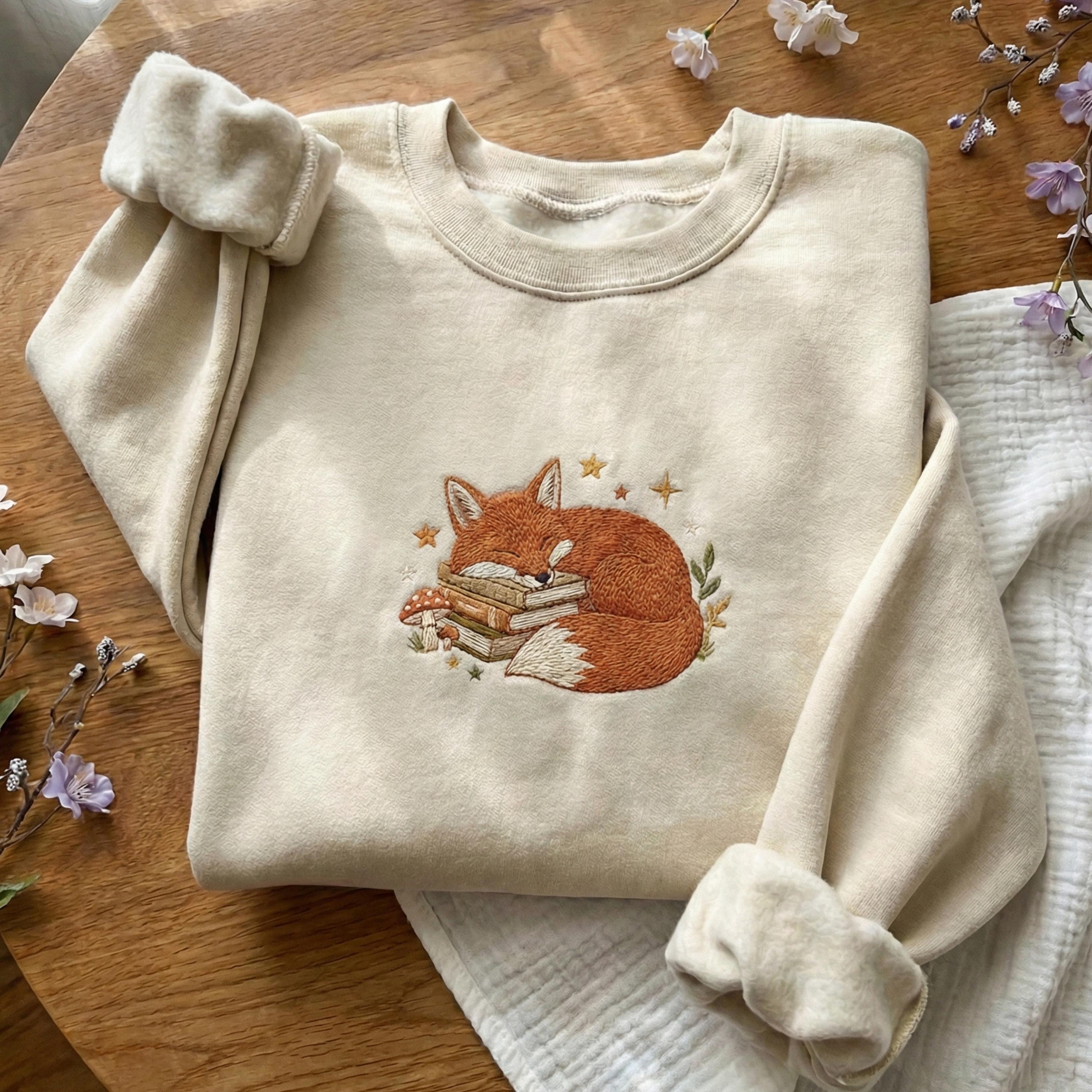 Embroidered Sleeping Fox Sweatshirt, Cottagecore Book Hoodie