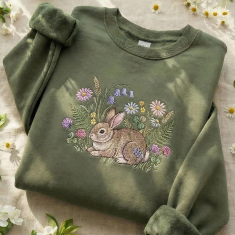May include: Olive green sweatshirt featuring an embroidered design of a brown rabbit surrounded by colorful wildflowers. The design includes daisies, bluebells, and clover. The sweatshirt has a crew neck and long sleeves with rolled cuffs. A cozy and nature-inspired apparel item.