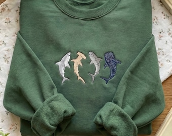 Colorful Shark Species Embroidered Sweatshirt, Ocean Life Sweater, Marine Gift