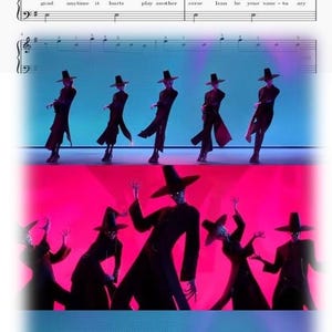 Peut inclure: L'image présente une partition musicale intitulée "Your Idol" avec des notes de musique. En dessous, trois rangées de personnages stylisés en tenues et chapeaux noirs dansent sur un fond rose et bleu.