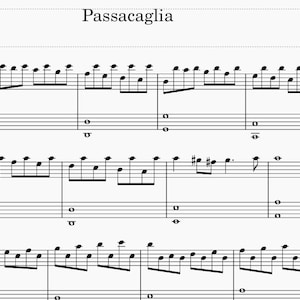 Può includere: Spartito musicale di "Passacaglia" di Handel, arrangiato da YJ. La musica è in nero su sfondo bianco, con chiavi di violino e di basso, e note musicali. Il titolo e il nome del compositore sono in alto.