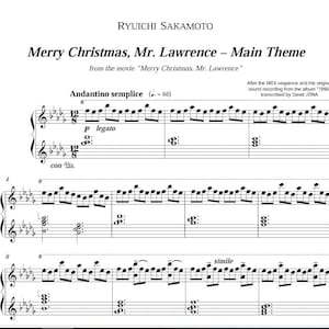 Puede incluir: Partitura de "Merry Christmas, Mr. Lawrence - Main Theme" de Ryuichi Sakamoto. La música está transcrita de la película "Merry Christmas, Mr. Lawrence". La partitura incluye notación musical, indicaciones de tempo e indicaciones dinámicas.