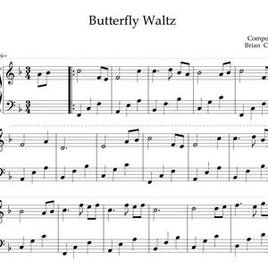 Könnte beinhalten: Notenblatt für "Butterfly Waltz" von Brian Crain. Die Noten sind in schwarzer Tinte auf weißem Hintergrund geschrieben. Violinschlüssel und Bassschlüssel sind zu sehen, zusammen mit Noten und Symbolen.