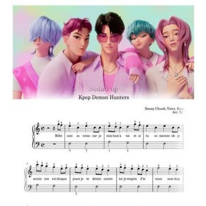Peut inclure: Illustration de cinq personnages aux cheveux colorés, dans des tons de bleu, rose et vert, posant devant un fond rose clair. Le texte "Soda Pop Kpop Demon Hunters" est visible. Des notes de musique sont en bas.