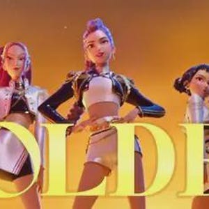 Könnte beinhalten: Drei animierte weibliche Figuren in futuristischen Outfits stehen vor einem goldenen Hintergrund. Das Wort "GOLDEN" wird in großen, goldenen Buchstaben am unteren Bildrand angezeigt. Die Figuren haben einzigartige Frisuren und Posen.