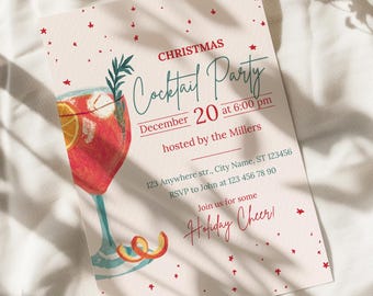 Christmas Cocktail Party Invitation, Holiday Drinks Event Invite Template, Editable Canva Digital Download