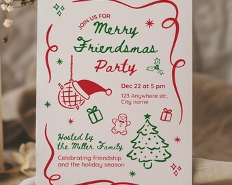 Friendsmas Party Invitation Template, Hand-Drawn Holiday Dinner Invite, Editable Christmas Canva Card, Instant Digital Download