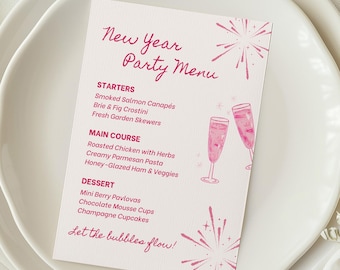 New Year Party Menu Template, Printable NYE Dinner Card, Editable Canva Menu Design