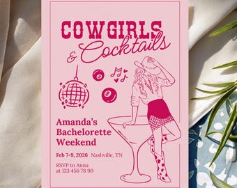 Cowgirls & Cocktails Bachelorette Invitation Template, Western Bach Party Invite, Nashville Cowgirl Weekend Itinerary, Editable Canva Design