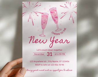 New Year’s Eve Invitation Template, Champagne NYE Party Invite, Editable Modern New Year Celebration Card (Digital Download)