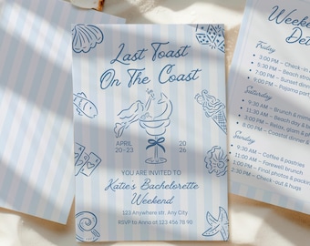 Coastal Bachelorette Invitation & Weekend Itinerary Template, Last Toast On The Coast Beach Theme Invite, Editable Canva Digital Download