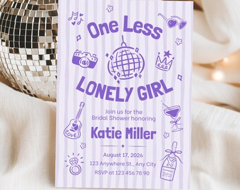 One Less Lonely Girl Bridal Shower Invitation Canva Template, Purple Disco Bachelorette Invite, Editable Digital Download