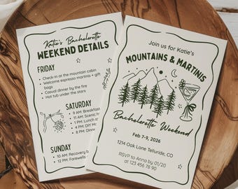 Mountains and Martinis Bachelorette Invitation & Itinerary Template, Cabin Bachelorette Party Invite, Editable Canva Design