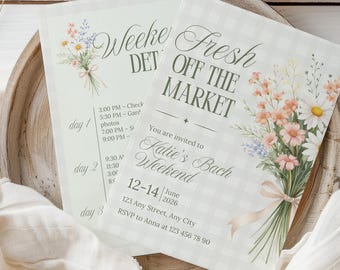 Fresh Off The Market Bachelorette Invitation Template, Floral Bridal Shower Invite, Bach Weekend Itinerary Canva, Editable Bride Party Evite