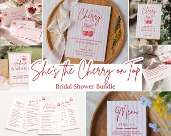 She's The Cherry On Top Bridal Shower Bundle, Editable Canva Red Cherry Theme Invitation, Welcome Sign, Table Signs, Games, Menu Card