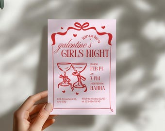 Galentine's Girls Night Invitation, Hand Drawn Whimsical Girls Invite, Pink Valentines Party, Editable Digital Template