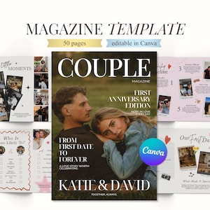 Può includere: Un modello di rivista di 50 pagine modificabile in Canva, con una copertina che mostra una coppia e il testo COUPLE MAGAZINE FIRST ANNIVERSARY EDITION, insieme a pagine interne con layout fotografici, cronologie e questionari sulle relazioni.
