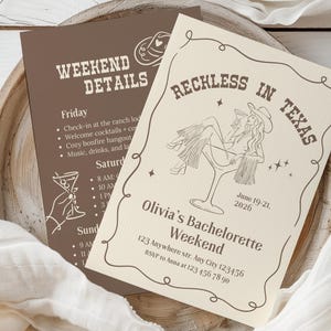May include: Two invitation cards. One is brown with "Weekend Details" and an event schedule. The other is cream-coloured with "Reckless in Texas" and "Olivia's Bachelorette Weekend" with a cowgirl illustration.