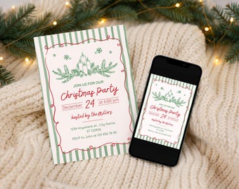 Christmas Party Invitation, Whimsical Holiday Invite, Editable Canva Template, Digital Download Christmas Card