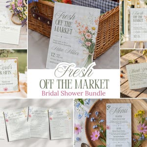 May include: A bridal shower bundle with a floral theme. The image includes invitations, recipe cards, a sign, and a menu. The text "Fresh Off The Market" is displayed on several items, along with floral illustrations and the name "Katie Miller".
