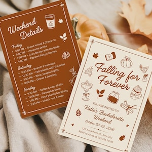 Convite para despedida de solteira com tema de outono em Canva, roteiro editável para o fim de semana da festa de casamento, convite para download digital.