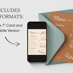 May include: A digital menu design featuring a mobile phone displaying a menu layout, alongside a 5" x 7" card version. The menu card is orange with white illustrations and text. The phone and card are set against a teal envelope.