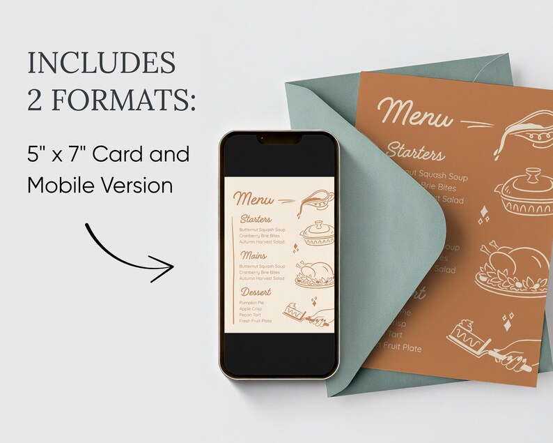 May include: A digital menu design featuring a mobile phone displaying a menu layout, alongside a 5" x 7" card version. The menu card is orange with white illustrations and text. The phone and card are set against a teal envelope.
